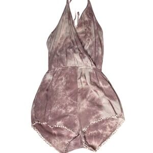 Mimi Chica Romper Purple White Tye‎ Dye Halter Pom Pom Trim Boho Festival Hippie